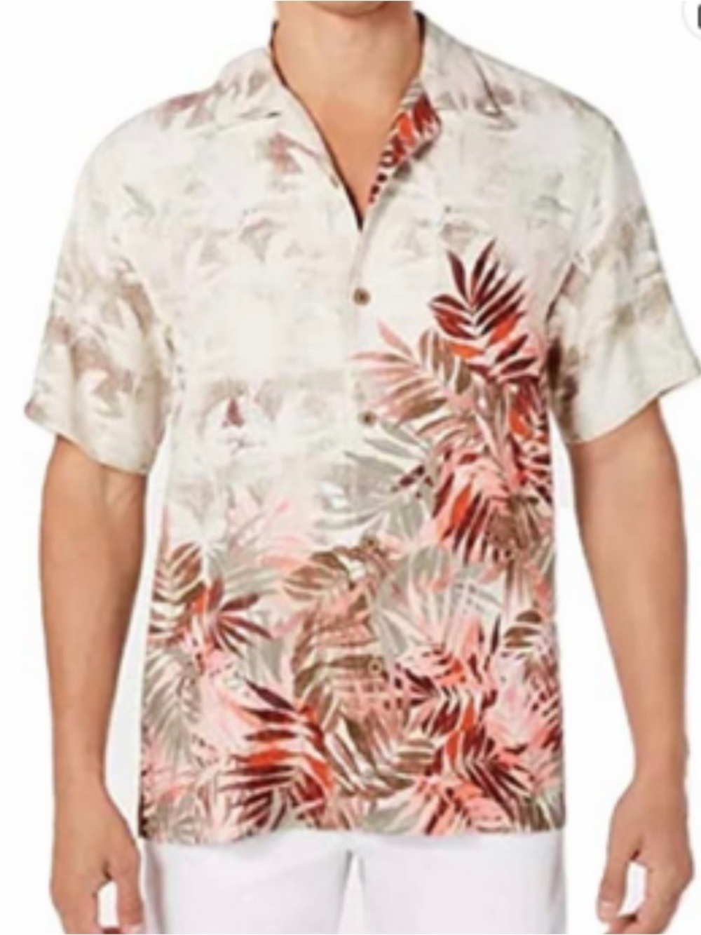 Tommy Bahama Cream Camp Shirt with Coral & Brown Leaf Print 💯 silk
